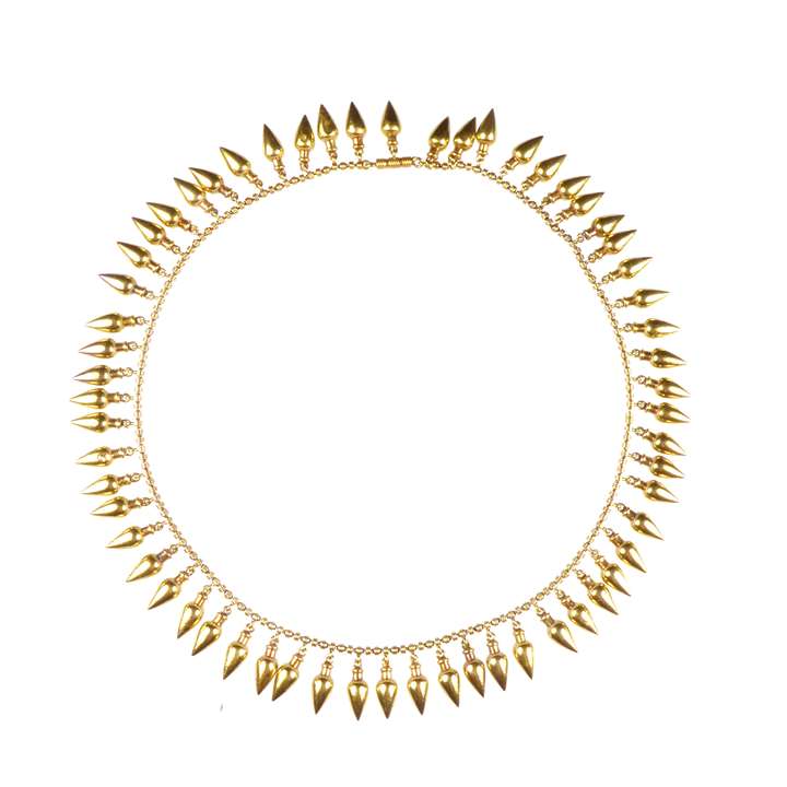 Gold classical revival fringe necklace, with stylised amphorae shaped droplets